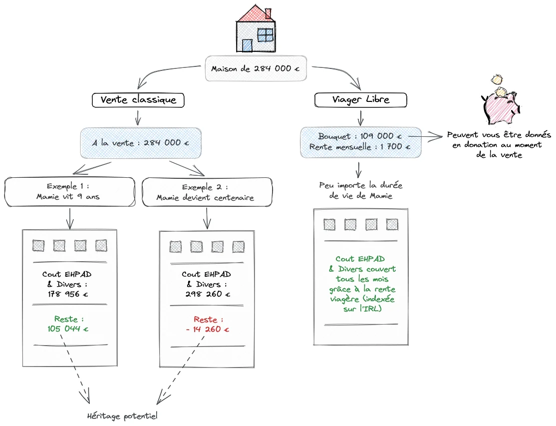 Comparaison entre une vente en viager libre ou vente classique pour financer un départ en EHPAD ou en maison de retraite