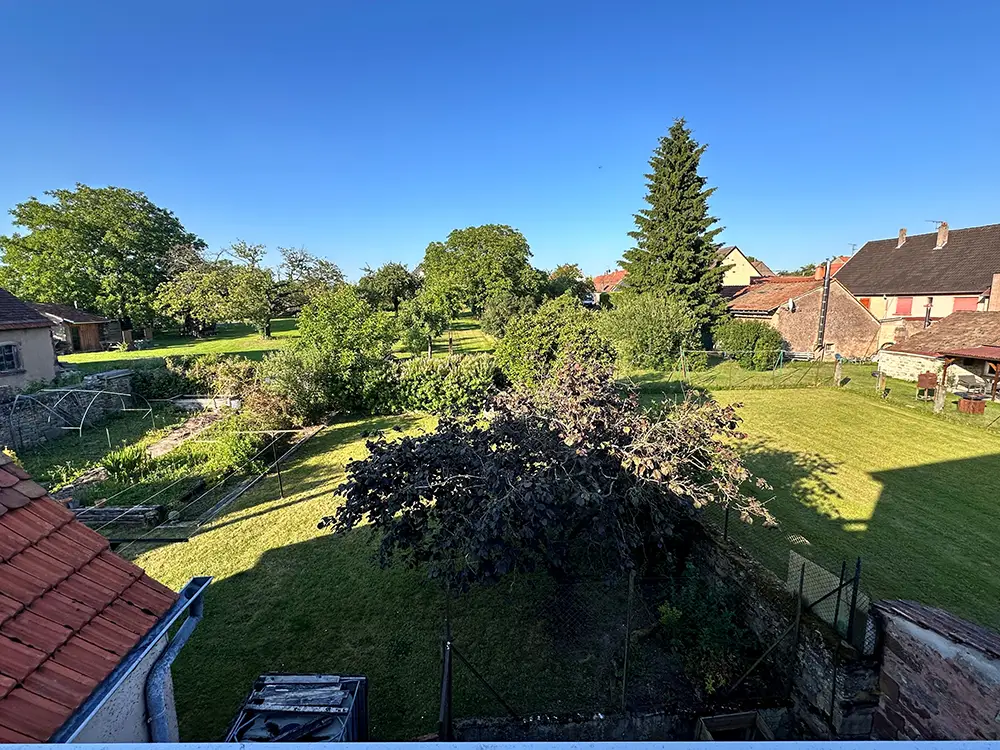 Maison bi-famille viager occupé avec combles aménageables - Bust, Alsace Bossue (67) Vue fenetre arrière avec feuilles